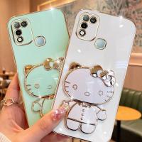 Folding Makeup Mirror Phone Case For Infinix Hot 10 Play Hot 11 Play X688C X688B X682 X682B X682C  Case Fashion Cartoon Cute Cat Multifunctional Bracket Plating TPU Soft Cover Casing