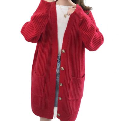✷ Pockets Ribbed Trim Breasted Sweater Coat Mid-Length Knitted Cardigan Female Knitwear