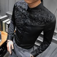 [COD] short-sleeved male style hair stylist personality lace decoration long-sleeved lapel nightclub floral