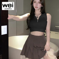 WEISHIBLUE ฤดูร้อนใหม่กระชับออกแบบ Lady ถังถักเก๋ V คอซิป Camisoles ผู้หญิงเสื้อแขนกุดสั้น