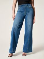 xiaopo Blue Wide Legs Straight Jeans, Loose Fit Slight Stretch Slant Pockets Denim Pants, Womens Denim Jeans &amp; Clothing