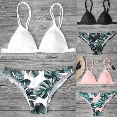 hotx 【cw】 Waist Swimwear Mujer Set Print Leaves Push-Up Padded Bathing Swimsuit Beachwear Biquinis Feminino