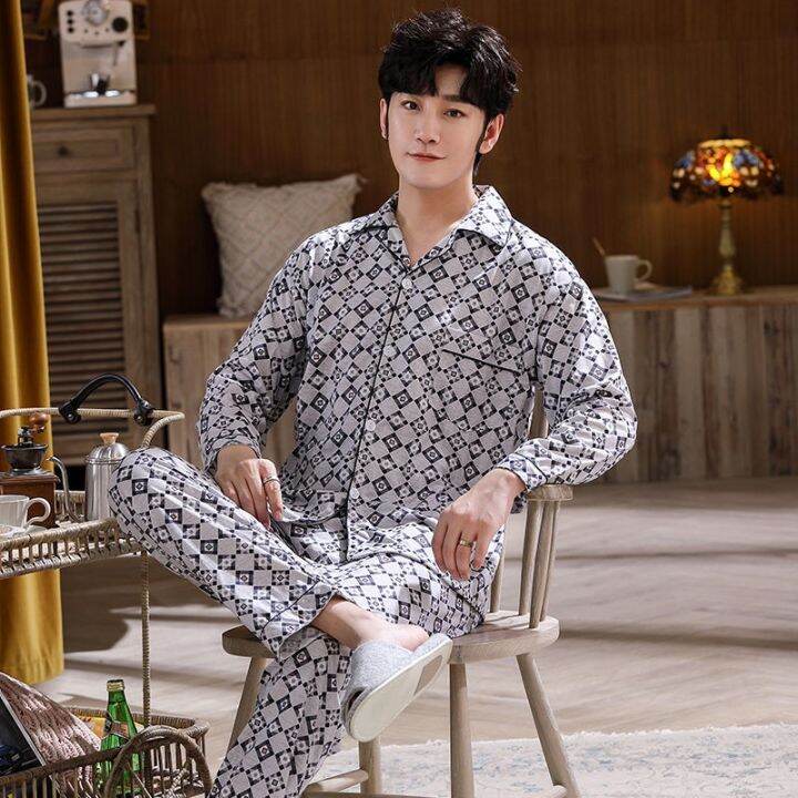 muji-high-quality-pajamas-mens-long-sleeved-summer-thin-cardigan-set-mens-clothes-dad-spring-and-autumn-youth-middle-aged-plus-size-loose-suit