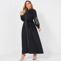 Ladies Fashion Resort Small Stand Collar Floral Embroidery Long Sleeve Loose Belt Sweet Elegant Woman Black Party Maxi Dress 4XL