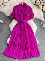 【YF】 Summer Women Pleated Midi Dress Purple/Red/White Stand Collar Short Flare Sleeve High Waist A-Line Ruffle Party Vestidos Female