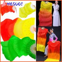 HESUOI เด็กผู้หญิง ฝึกนักเต้น สีไล่ระดับสี พัดผ้าไหม พัดผ้าไหมเรยอน พัดระบำหน้าท้อง พัดผ้าไหมยาว