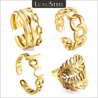 LUXUSTEEL Stainless Steel Open Ring for Women Girl Gold Color Pig Nose Cuban Link Finger Rings Statement Fashion Party Jewelry