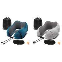 2 Set Travel Pillow Memory Foam with 360-Degree Head Support Neck Pillow with Storage Bag Traveling Pillow, Gray &amp; Blue