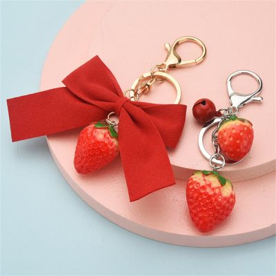 Strawberry Red Bowknot Keychain Keyring For Women Girl Jewelry Simulated Fruit Cute Car Key Holder Friend Gifts