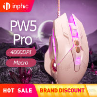 อินฟิช PW5โปรแบบมีสายเมาส์สำหรับเล่นเกมส์เงียบ Mouse Komputer,ปุ่ม4000DPI 7,ความละเอียดมาโคร,เมาส์สีชมพูไฟท้ายจักรยาน RGB