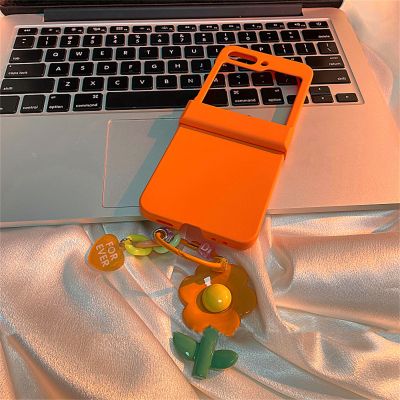 Fresh Korean Cute Portable 3D Flower Ring Pendant Orange Case for Galaxy Zflip3 5G Z Flip5 Flip4 Zflip5 Shockproof Cover Funda Phone Cases