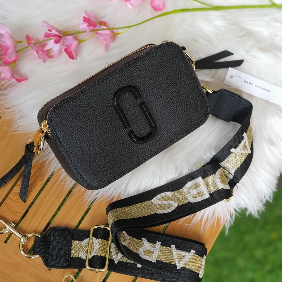 Women's Black Ceramic Leather Snapshot Small Camera Crossbody Bag With Gold Logo  Strap