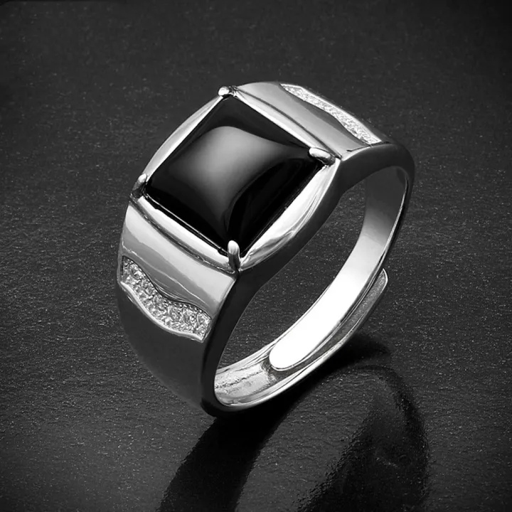 Silver Men Business Ring Big Black Zircon Adjustable Wedding Ring