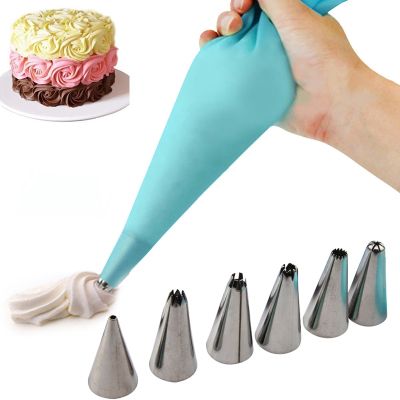 ❉✑™ Silicone Kitchen Accessories Icing Piping Cream Pastry Bag With 6 Stainless Steel Nozzle DIY Cake Decorating Tips Set