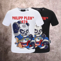 PHILIPP PLEIN เสื้อยืดลำลองแขนสั้นสำหรับผู้ชาย,เสื้อยืดฐานเสื้อคอกลมเสื้อยืดแฟชั่นสไตล์ยุโรปและอเมริกาแบบใหม่ล่าสุดลายหมีกังฟูเจาะร้อนแขนครึ่งไซส์พิเศษ