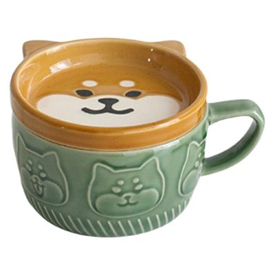 2X Japanese Cute Mug Creative Ceramic Shiba Inu Panda Coffee Cup with Lid Home Couple Milk Breakfast Cup(Green)