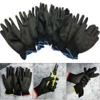 FEATSHOP64FE8 1/6 Pairs Non-slip Nylon Black PU Polyurethane Labor Protection Coated Work Gloves