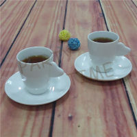 Ceramic white cup and saucer set, heart shape cup handle