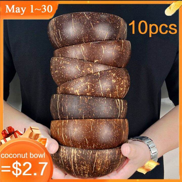 ชุดชามมะพร้าวธรรมชาติกะลามะพร้าวทำมือชามราเม็งข้าวต้มผสมสลัดขนมช้อนไม้ขนาด12ซม-15ซม