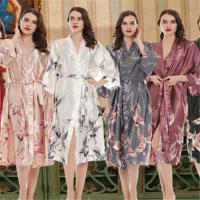 New Japanese Kimono Robe Women Pajamas Mujer Haori Improved Summer Satin Bathrobe Robe y Lady Crane Printing Long Sleepwear