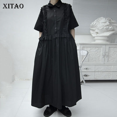 XITAO Dress Black Folds Women Casual Loose Temperament Shirt Dress