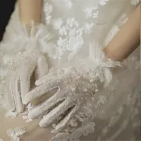 ✹▬▦ HONGFUYU Elegant Lace Short Bridal Gloves White Pearls for Wedding Party Accessories перчатки кружевные