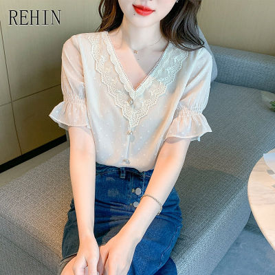 REHIN เสื้อเชิ้ตแขนสั้นคอวีสำหรับผู้หญิง,เสื้อเบลาส์ผ้าชีฟองขนาดเล็กสไตล์เกาหลีแขนบานใหม่สำหรับฤดูร้อน
