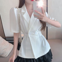 New Korean Fashion Women Blazer Summer Short sleeve Slim waist Suit jacket Black White