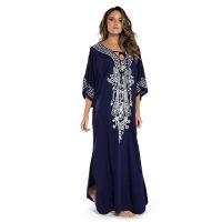 2022 Indie Folk Lace Up V-Neck Batwing Sleeve Summer Beach Dress Tunic Women Beachwear kaftan Maxi Dress Robe Sarong N775