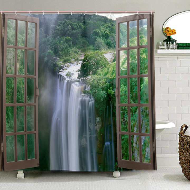 wide-waterfall-deep-down-in-the-forest-seen-from-a-city-window-epic-surreal-decor-shower-curtains-landscape-bathroom-curtain-set