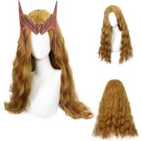 Women Halloween Wig Women Heroine Scarlet Witch  Long Brown Wavy Cosplay Wig Vision Wanda Maximoff Cosplay Headband Mask Costume