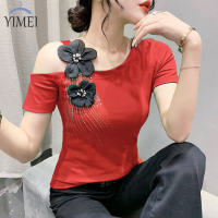 ➦YIMEI เสื้อยืดผู้หญิงเปิดไหล่ลายดอกไม้3D,ฤดูร้อนผ้าฝ้ายแขนสั้นใหม่เสื้อยืดผู้หญิงสีแดงทันสมัยและสวยงาม