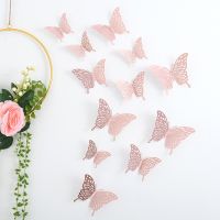 ►∋ 12pcs Wall Stickers 3D Hollow Rosegold Butterfly Decorative Sticker for Home Living Room Bedroom Kids Room Wall Wedding Decor