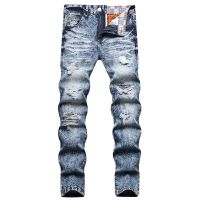 Spring And Autumn Classic Nostalgia Blue Hole Stretch Straight Leg Jeans High Quality Skinny Cat Beard Street Casual Pants 【hot】❍✉