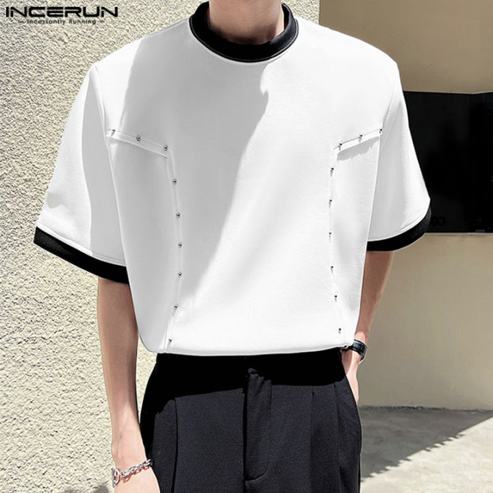 incerun-เสื้อยืดแฟชั่นผู้ชายแขนสั้นเสื้อยืดคอกลมปะติดหมุดสุดฮิตแผงไฟ-สไตล์เกาหลี