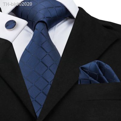 ✚ Business Classic Blue Black Striped Solid Neck Tie for Men 3.4 Brand Necktie Pocket Square Cufflinks Wedding Party Silk Tie Set