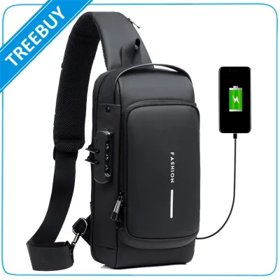 Men Sling Bag Pack With Lock Waterproof Anti-Theft Chest Bag With USB Charging Port Shoulder Bag Crossbody Backpack
