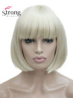 StrongBeauty Short Straight Blonde Bob, Swept Bangs Full Synthetic Wig