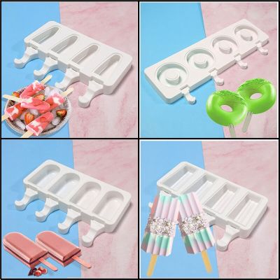 Food Grade 4 Cells Silicone Popsicle Moulds Donuts Shape Ice Cream Molds Summer Ice-lolly Tools Ice Cube Tray and Wooden Sticks Ice Maker Ice Cream Mo