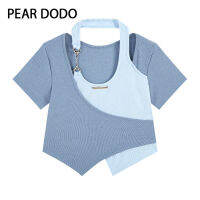 PEAR DODO เสื้อยืดแขนสั้นคอเสื้อแตกต่างไขว้เกาหลีเสื้อเอวลอยสำหรับผู้หญิง