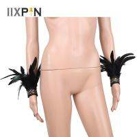 【Sleek】 IIXPIN ที่รัดข้อมือขนนกสีดำธรรมชาติจริงขนนกไก่ตัวผู้ย้อมสีพร้อมริบบิ้นข้อมือสำหรับปาร์ตี้เกมฮาโลวีน