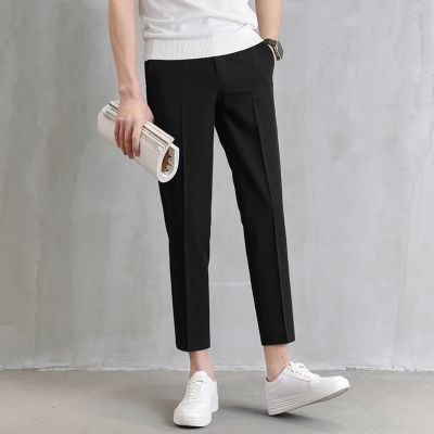 【Spot Stock】+ A Blet 28-34 Waistline Mens High Quality Exclusive Edition of Nine-point Trousers Made to Order Solid Color Mens Wear Trousers Skinny Casual Suit Pants Mens Korean Style Ankle Length Pants Dress Suit Pants for Men