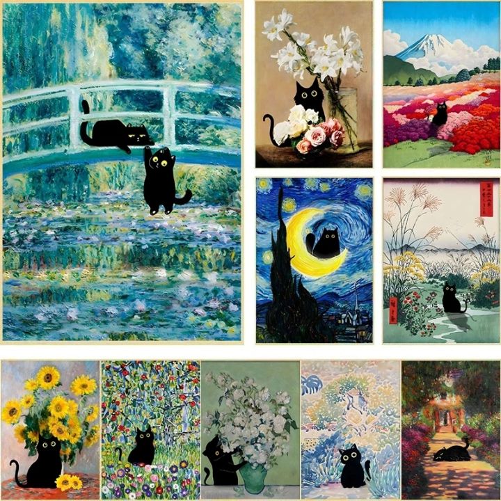 โลกแมวดำตลกจิตรกรที่เลื่องชื่อ-monet-van-gogh-gustav-ผลงานชิ้นเอกผ้าใบวาดภาพโปสเตอร์ตกแต่งผนังงานศิลปะตกแต่งห้องศิลปะตกแต่งผนังบ้าน