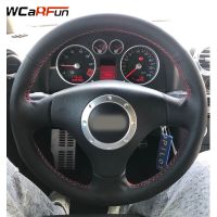 WCaRFun Black Leather Steering Wheel Cover for Audi A2 8Z A3 8L Sportback A4 B6 Avant A6 C5 A8 D2 TT 8N S3 S4 RS4 RS6 Steering Wheels Accessories