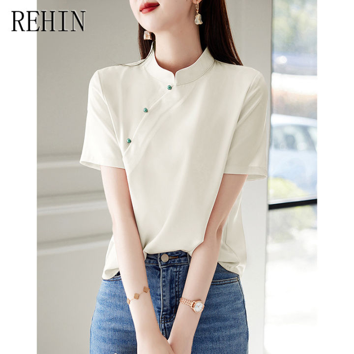 rehin-เสื้อคอสูงแขนสั้นย้อนยุคตรงผ่านหลวมพอดีเสื้อสตรีฤดูร้อน