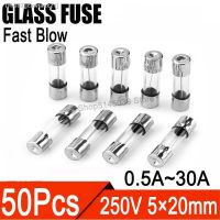 ✌ 50Pcs 5x20mm Fast Blow Glass Fuse 250V 1A 2A 3A 4A 5A 6A 7A 8A 10A 15A 20A 25A 30A 200MA 500MA glass tube fuse kit 5×20mm 250V