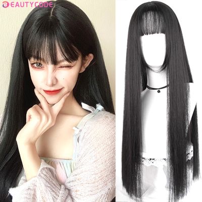 Cosplay Long Straight Black Synthetic Wigs with Bangs for Women African American Lolita Daily Party Heat Resistant Fibre