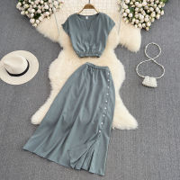 Simple Fashion Korean Suit Ladies Light Cooking Style V-Neck Slim Short Top Casual + High Waist Slit Skirt Two-piece Set