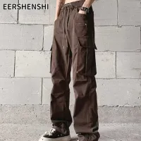 EERSHENSHI กางเกงคาร์โก้ผู้ชายสไตล์แฟชั่นเรียบง่ายมีกระเป๋าหลายใบสีทึบกางเกงขาสั้นตรงลำลอง