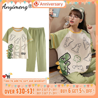 Woman Pijama Set Cotton Sleepwear Long Pant Short Sleeved Spring Summer Leisure Homesuits Big Size 3xl 4xl 5xl Dino Print Pj Set